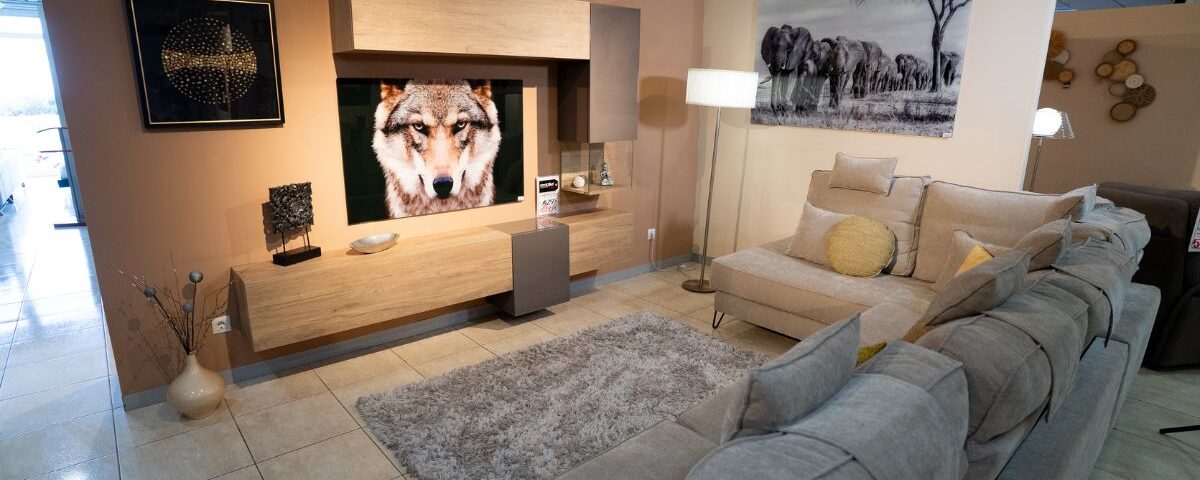 sillón beige y un cuadro de lobo- mobilia living