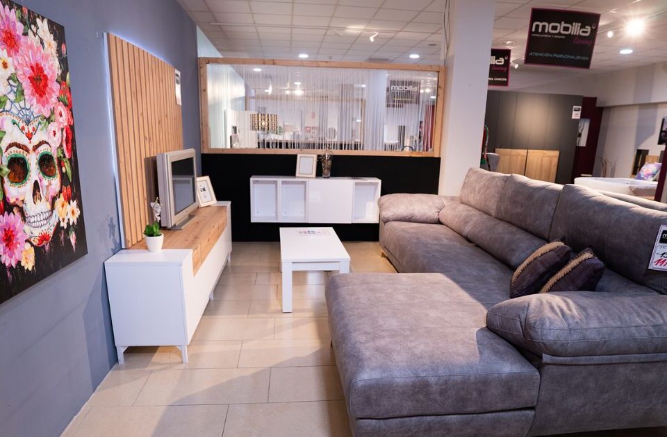 un salón con un sofá- mobilia